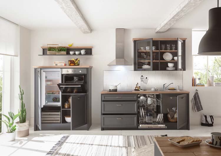 Cuisine Victoria anthracite 344cm - avec appareils - plaque de cuisson vitrocéramique et hotte murale en inox