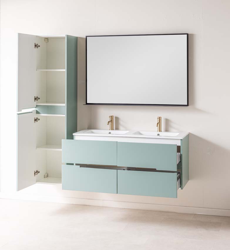 Meuble de salle de bains Truman vert gris suspendu avec lavabo double blanc brillant 120cm