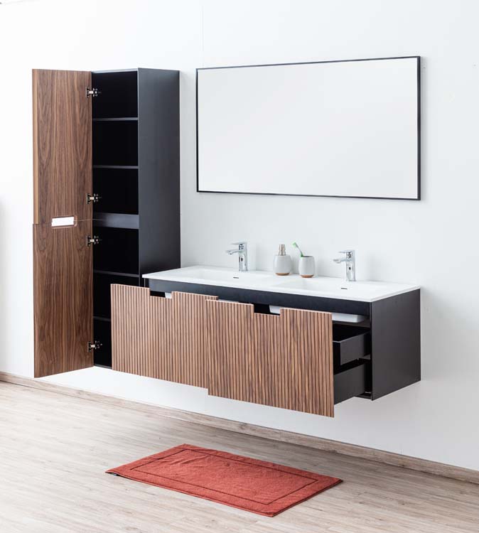 Meuble de salle de bains Willow noyer suspendu avec lavabo double blanc mat 140cm