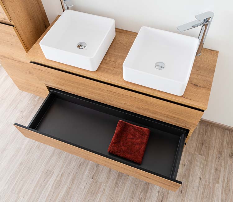 Meuble de salle de bains Daria chêne brun doré sur pied avec plateau en mélamine 120cm