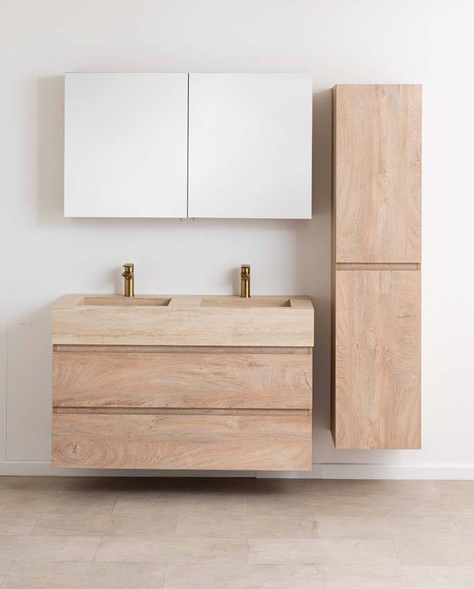 Meuble de salle de bain Tibo chêne avec double lavabo large en travertin 120cm