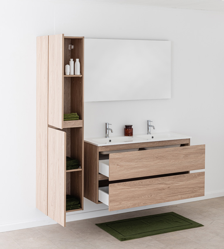 Badkamermeubel Bianca eiklook hangend met dubbele wastafel glanzend wit 120,5cm