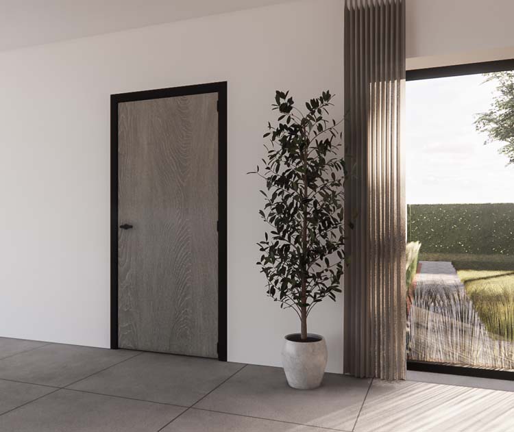 Complete binnendeur Uran Grey Oak 201,5x63cm honingraat omkeerbaar + zwarte deurkast 16,5cm