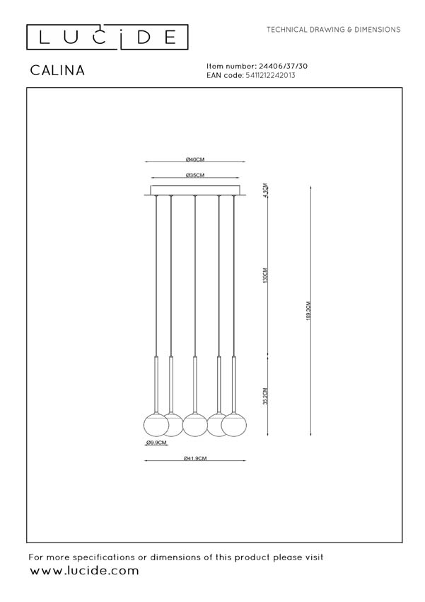 Lucide Premium Calina - Suspension - Ø41,9cm - LED dimmable - CCT - 5x7,4W 2200K/3300K - Noir