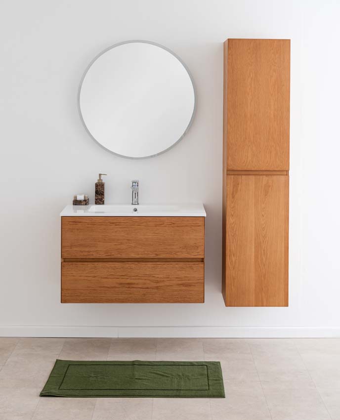 Badkamermeubel Fior eik hangend met enkele wastafel glanzend wit 90cm