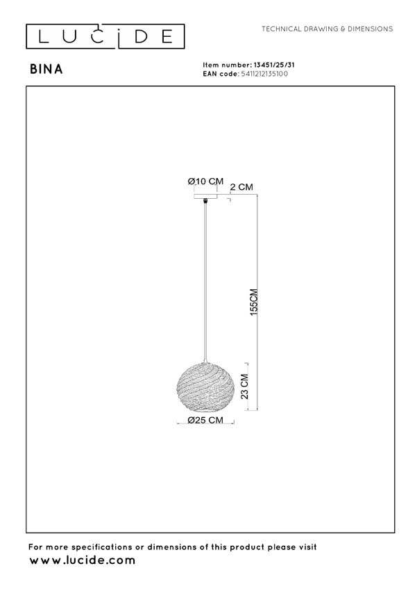 Lucide Bina - Suspension - Ø25cm - 1xE27 - Blanc