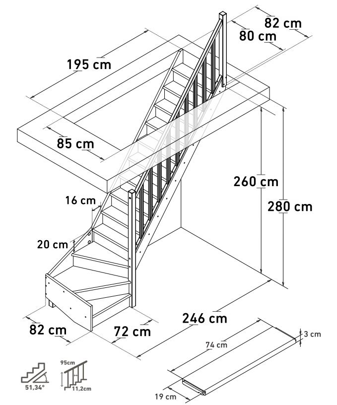 Escalier fermé hêtre Hamburg avec quart tournant bas droite avec rampe
