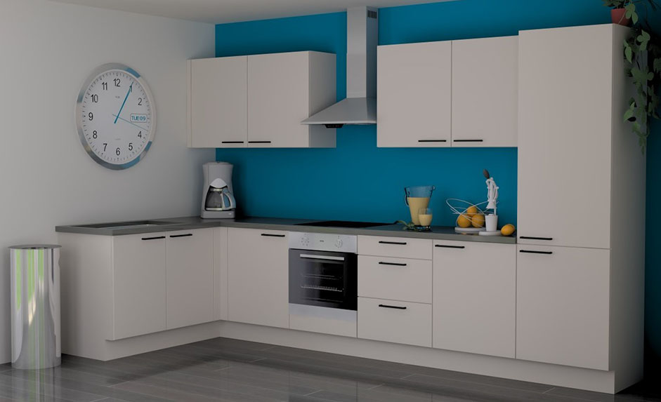 Hoekkeuken Premium 16A wit vlak 365x165cm - voorgemonteerd - met toestellen - vitrokeramische kookplaat en inox wanddampkap