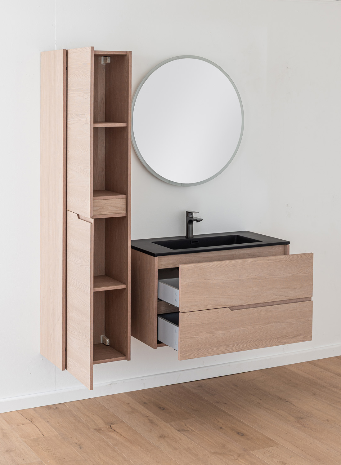 Meuble de salle de bains Tiago chêne Nordic suspendu avec vasque simple noir mat 90cm