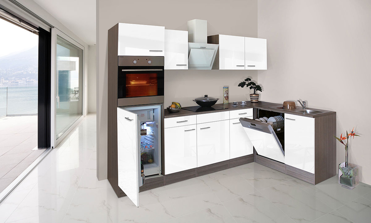 Hoekkeuken wit/eik donker 280x172cm - vitrokeramische kookplaat en witte wanddampkap - met toestellen