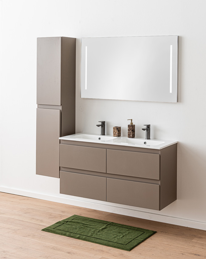 Badkamermeubel Trente taupe met dubbele wastafel glanzend wit 120cm