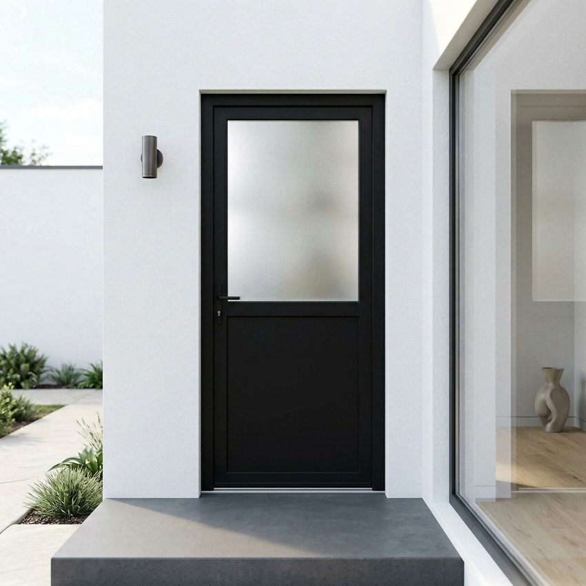 Porte extérieure semi-vitrée PVC verre mat noir ouvrant à gauche sur mesure