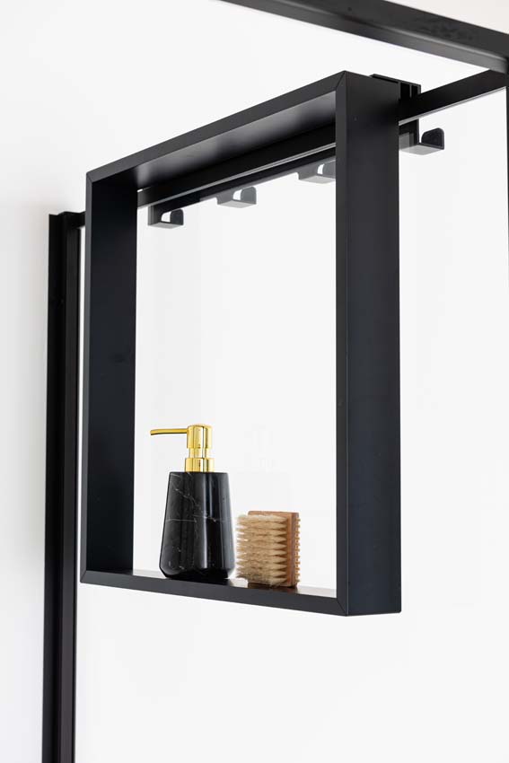 Etagère de douche noir mat 50x50x6,5cm avec 4 crochets