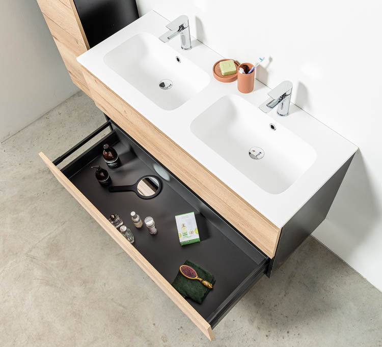 Badkamermeubel Dotan zwart/eik 1200 mm 2 wastafels porselein glans
