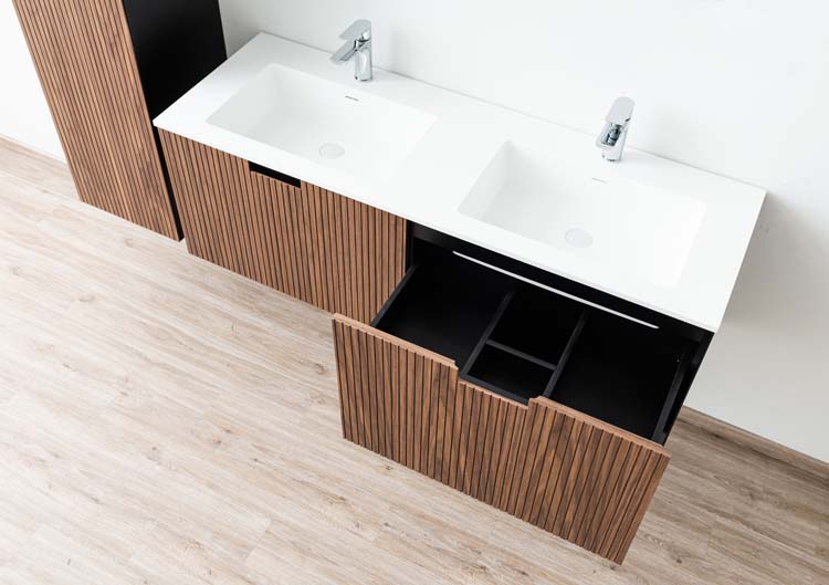 Meuble de salle de bains Willow noyer suspendu avec lavabo double blanc mat 140cm