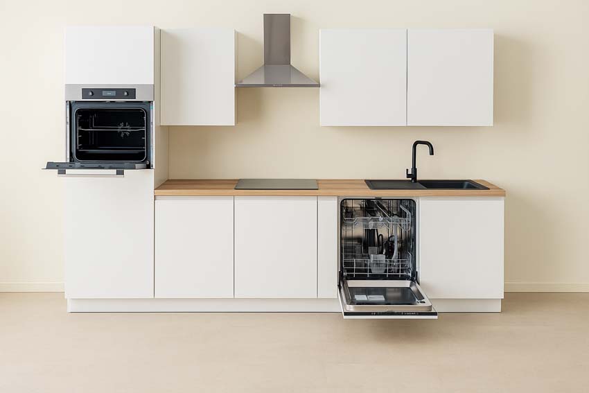 Cuisine Plenti 280 cm - four en haut - sans appareils - blanc/look de chêne