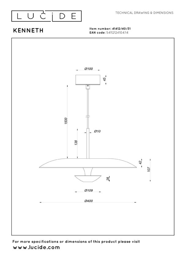 Lucide Premium Kenneth - Hanglamp - Ø40cm - LED Dimbaar - 1x12W 2700K - Wit