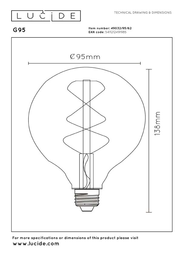 Lucide G125 - Ampoule filament - Ø12,5cm - LED 3 niveaux dimmable (Mémoire) - E27 - 1x4,9W 2200K - Ambré