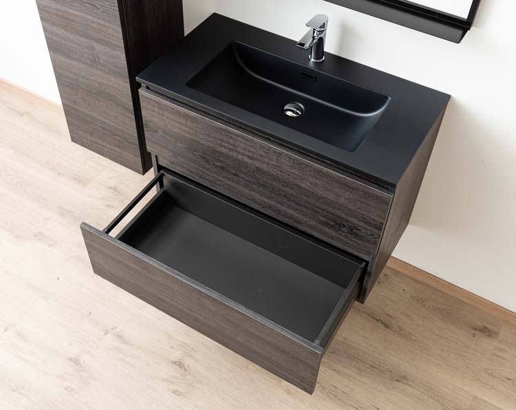 Badkamermeubel Dotan donkere eik hangend met enkele wastafel mat zwart 90cm