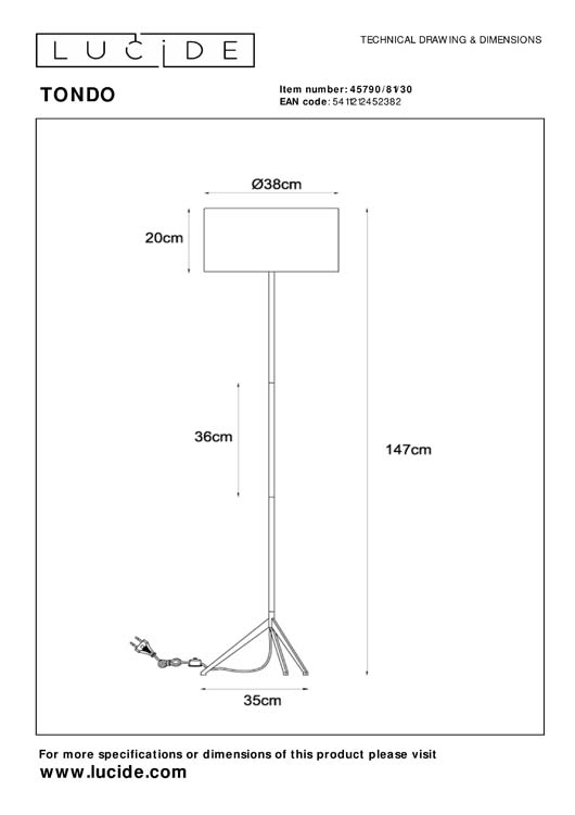 Lucide TONDO - Lampadaire - Ø 38 cm - 1xE27 - Noir Lucide TONDO - Lampadaire - Ø 38 cm - 1xE27 - Noir