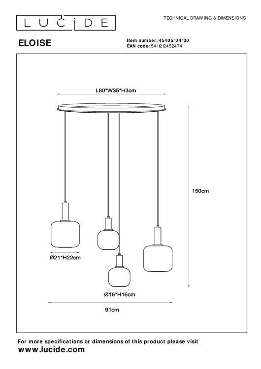 Lucide ELOISE - Suspension - 4xE27 - Noir