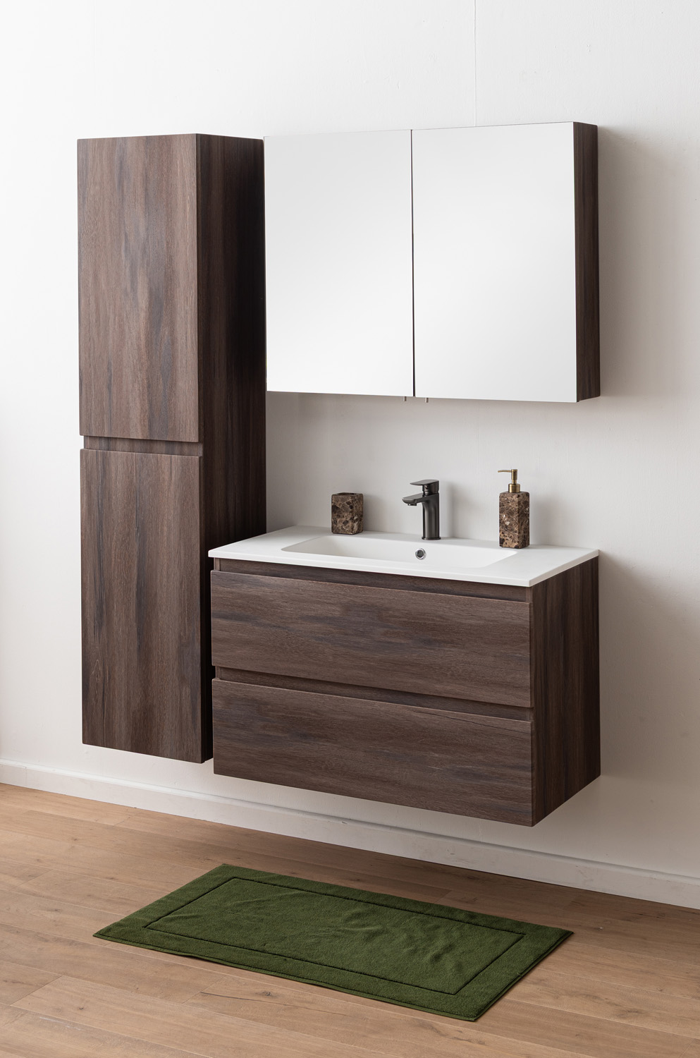 Badkamermeubel Tarik amber eik hangend met enkele wastafel mat wit 90cm