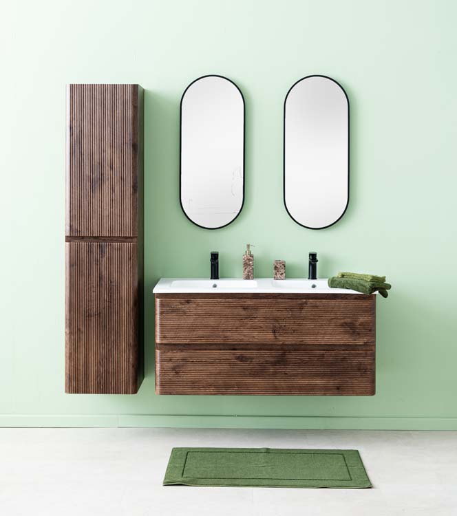 Meuble de salle de bains Jelte noyer suspendu avec lavabo double blanc mat 120cm Meuble de salle de bains Jelte noyer suspendu avec lavabo double blanc mat 120cm