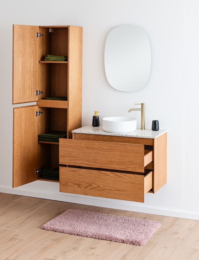 Badkamermeubel Fior eik hangend met enkel topblad terrazzo 90cm
