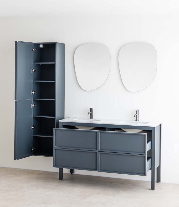 Meuble de salle de bains Fara anthracite sur pied avec lavabo double effet marbre carrara 140cm