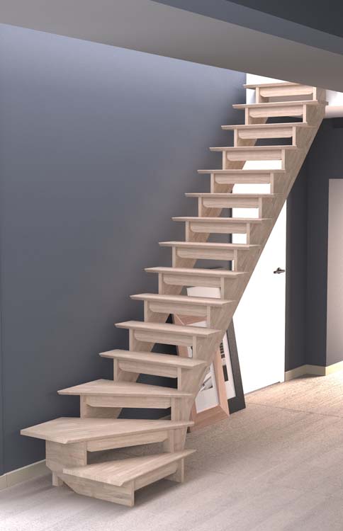Escalier semi-ouvert chêne d'Iéna avec quart de tour à droite en dessous