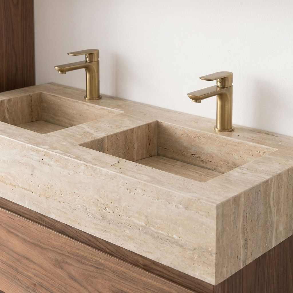 Meuble de salle de bain Dotan noyer avec lavabo double large en aspect travertin 120cm