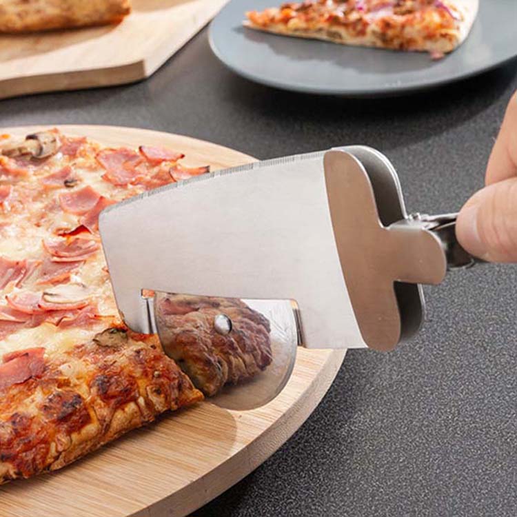Couteau à pizza et spatule en métal et bois
