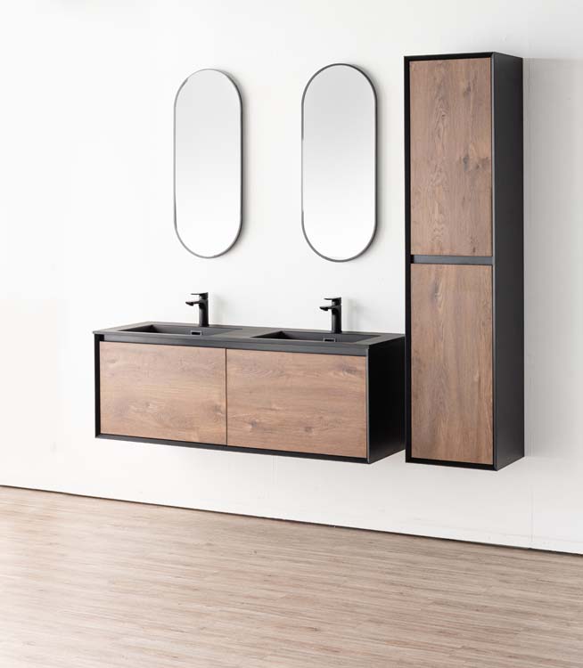 Meuble de salle de bains Justin noyer suspendu avec lavabo double noir mat 140cm