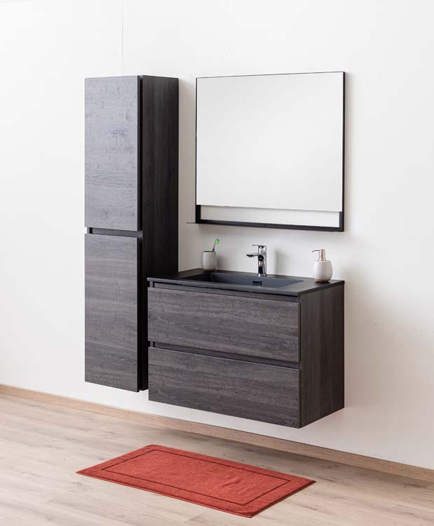 Badkamermeubel Dotan donkere eik hangend met enkele wastafel mat zwart 90cm