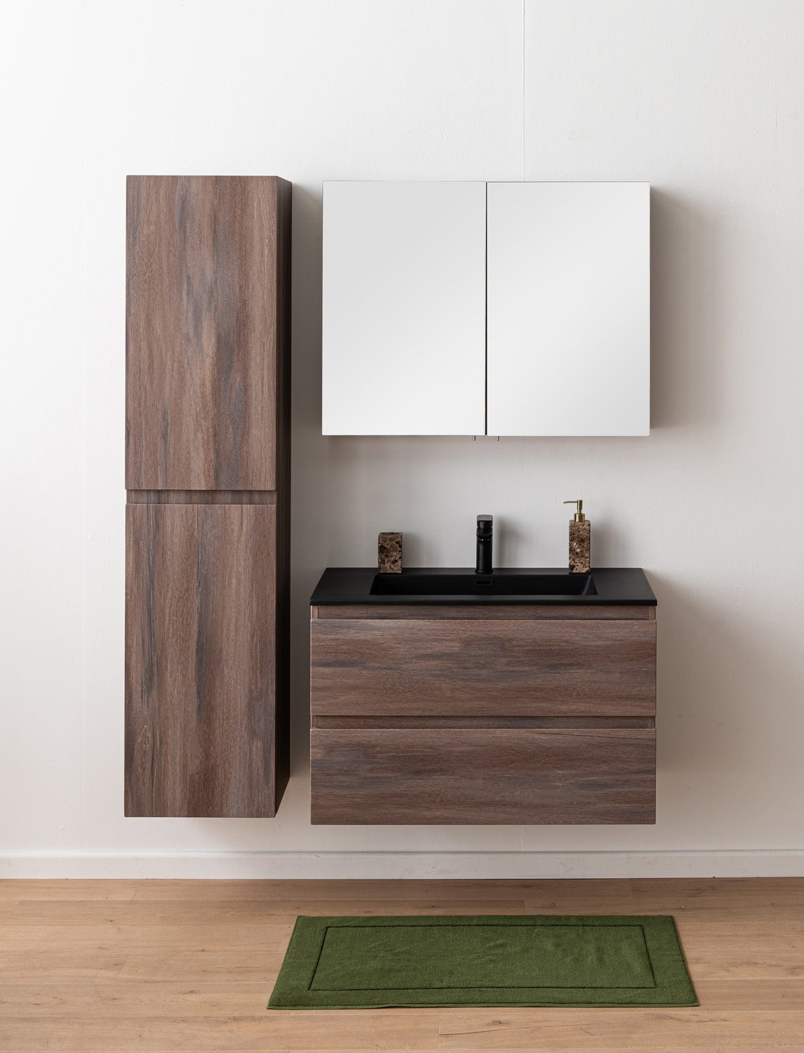 Badkamermeubel Tarik amber eik hangend met enkele wastafel mat zwart 90cm