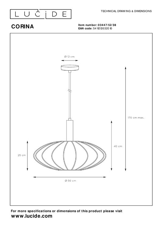 Lucide CORINA - Hanglamp - Ø 50 cm - 1xE27 - Beige