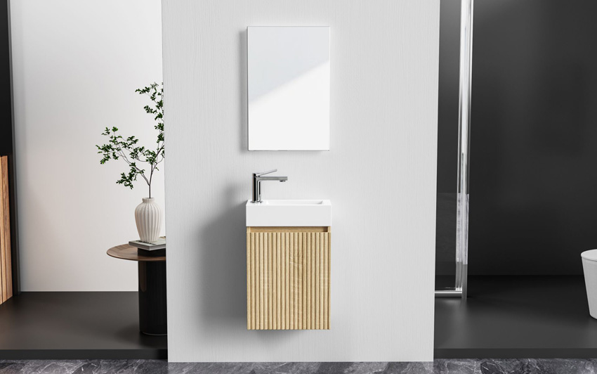 Toiletmeubel Viola eiklook wastafel glanzend wit 60x40x22,5cm inclusief spiegel