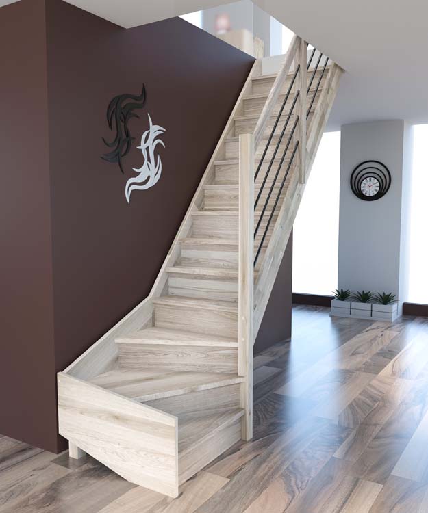 Escalier fermé chêne Freiburg avec quart tour bas droite et avec rampe