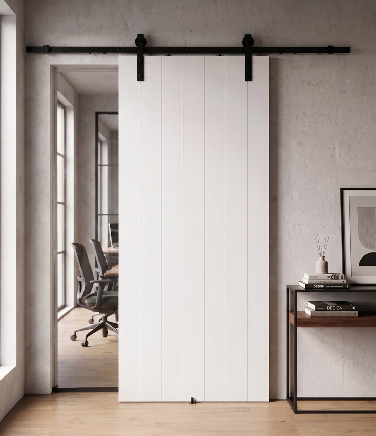 Porte coulissante simple à peindre complète Titus 93x211,5cm + rail robuste noir + guide mural