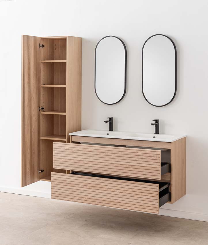 Meuble de salle de bains Dotan line up suspendu avec lavabo double blanc mat 120cm Meuble de salle de bains Dotan line up suspendu avec lavabo double blanc mat 120cm