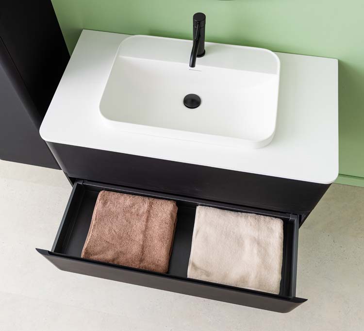 Badkamermeubel Ames mat zwart hangend met opbouwkom mat wit 110cm