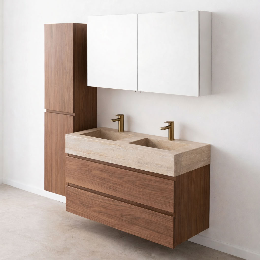Meuble de salle de bain Dotan noyer avec lavabo double large en aspect travertin 120cm
