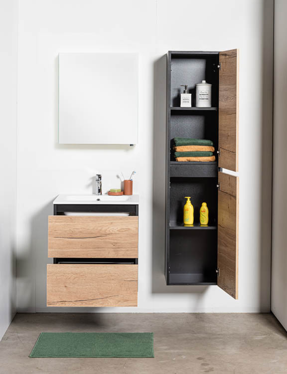 Meuble de salle de bains Dotan chêne suspendu avec lavabo simple blanc mat 60cm