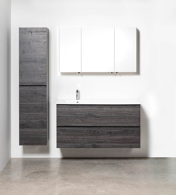Meuble de salle de bains Dotan chêne foncé suspendu avec lavabo simple blanc brillant à gauche 120cm