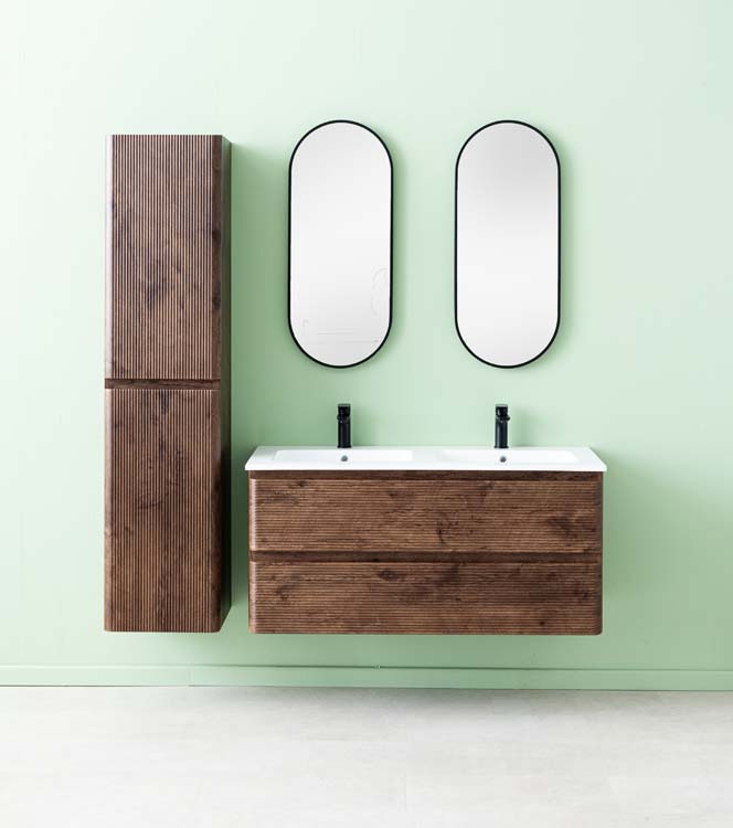 Meuble de salle de bains Jelte noyer suspendu avec lavabo double blanc mat 120cm Meuble de salle de bains Jelte noyer suspendu avec lavabo double blanc mat 120cm