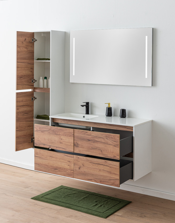 Badkamermeubel Treviso eik/wit met enkele wastafel glanzend wit 120cm