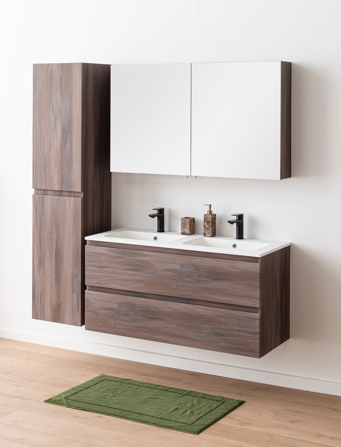 Meuble de salle de bains Tarik chêne ambré suspendu avec double vasque blanc mat 120cm