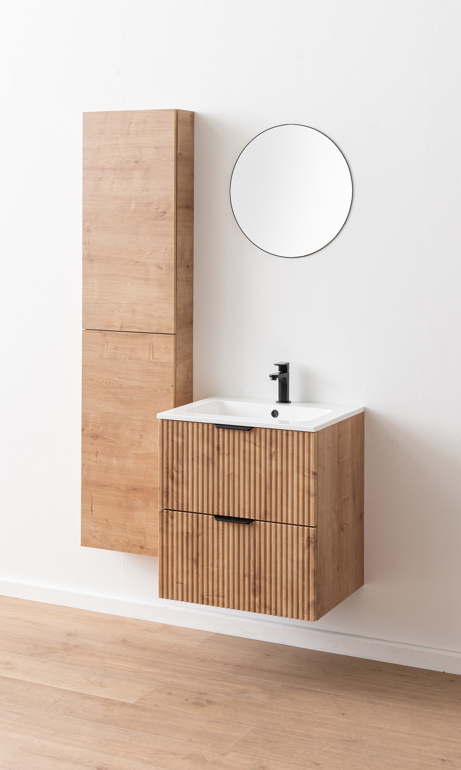 Badkamermeubel Raven vintage eik hangend met wastafel Aveda wit glanzend 60cm