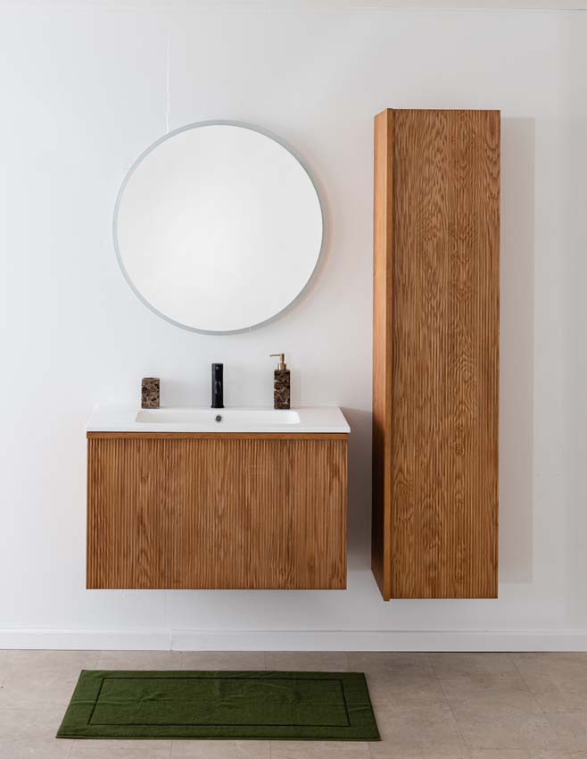 Badkamermeubel Fae eik hangend met enkele wastafel mat wit 90cm