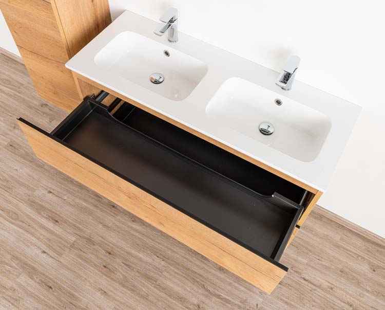 Meuble de salle de bains Daria chêne brun doré suspendu avec lavabo double blanc brillant 120cm